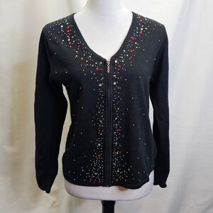 Erika Black Beaded and Bejeweled Zip Up Cardigan Sweater Size Small